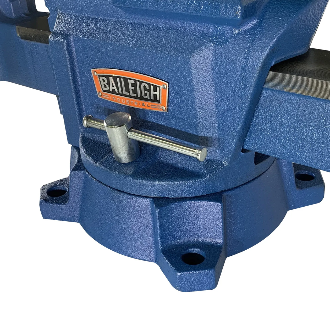 Close-up base view of Baileigh Bench Vise with 8-inch jaw width, 9-inch jaw opening, and 4-inch throat depth highlighting durable bolt-down swivel base and heavy-duty industrial construction.