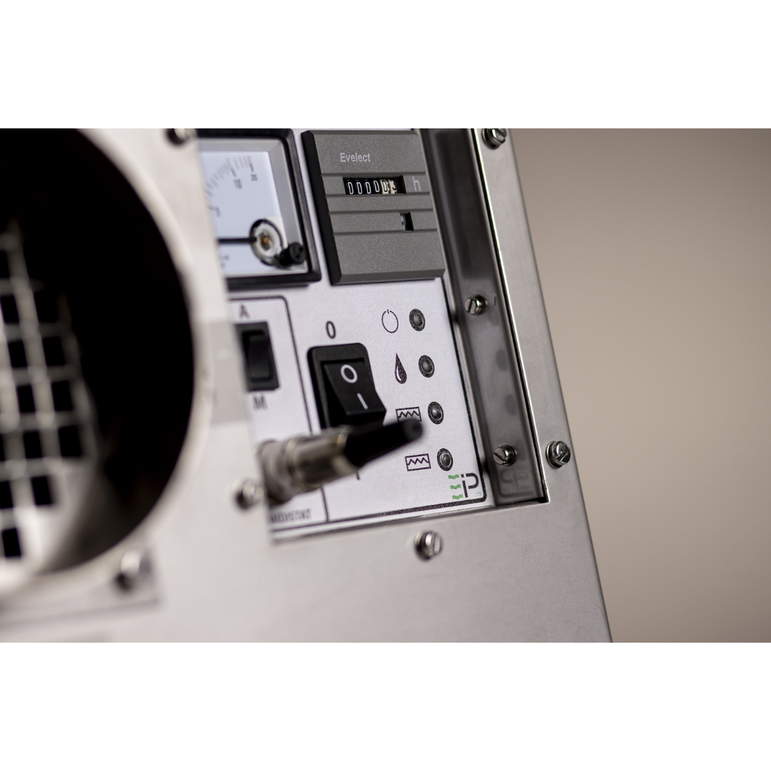 Close-up control panel and airflow outlet on Ebac DD300-S Desiccant Dehumidifier 10501SU-US showing gauges, switches, and monitoring interface