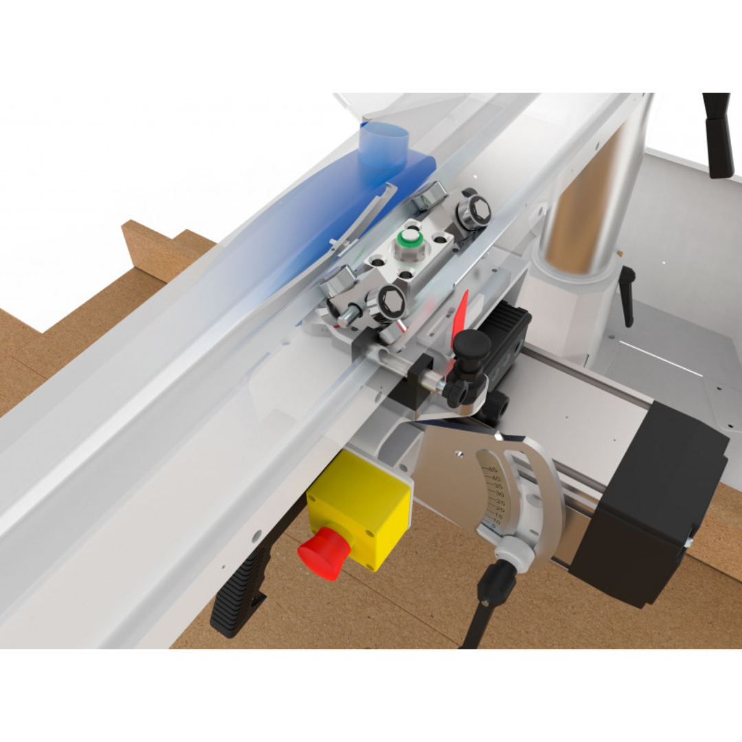 Close-up detail image of OMGA RAS 900 18" Radial Arm Saw highlighting fence alignment system, blade assembly, and industrial controls