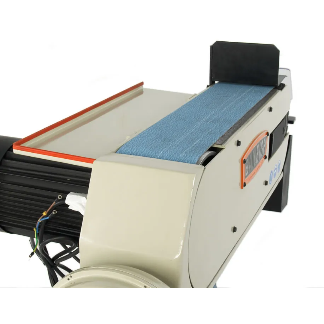 Close-up detail of the Baileigh Belt Grinder BG-679 1000698 grinding platen and belt system designed for deburring, edge finishing, weld cleanup, and surface preparation operations.