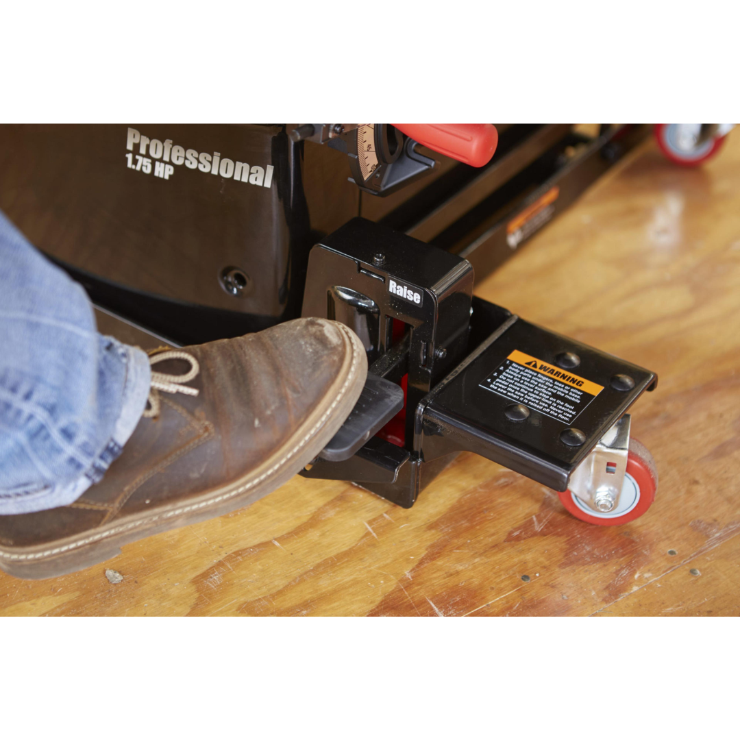 Close-up detail of the SawStop Industrial Mobile Base For PCS MB-PCS-IND caster assembly, highlighting smooth-rolling industrial wheels and secure mounting hardware for safe table saw transportation.
