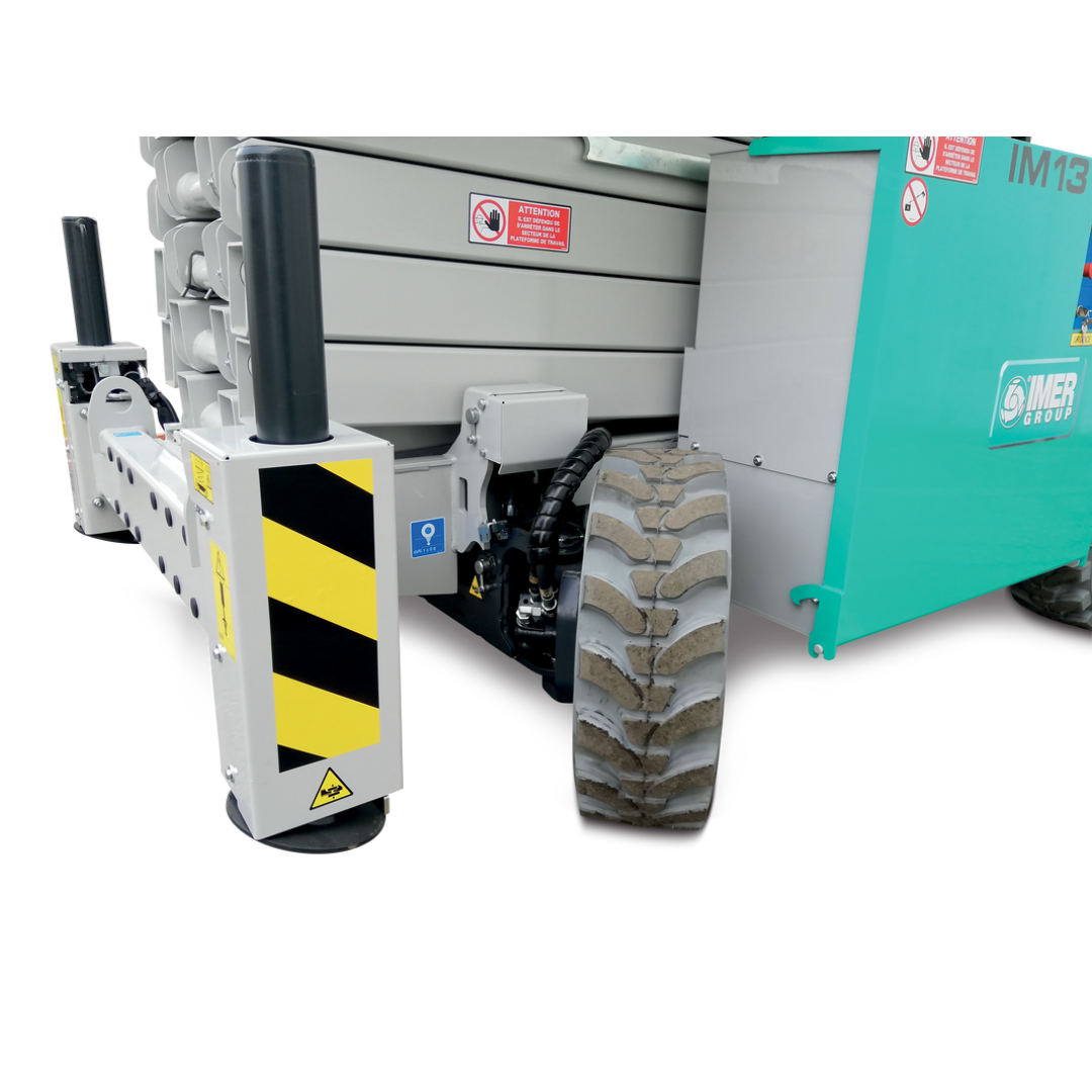 Close-up image of IMER IM 7043 DE ROUGH TERRAIN SCISSORS LIFTS rough terrain tire and heavy-duty axle assembly for improved outdoor traction and stability.
