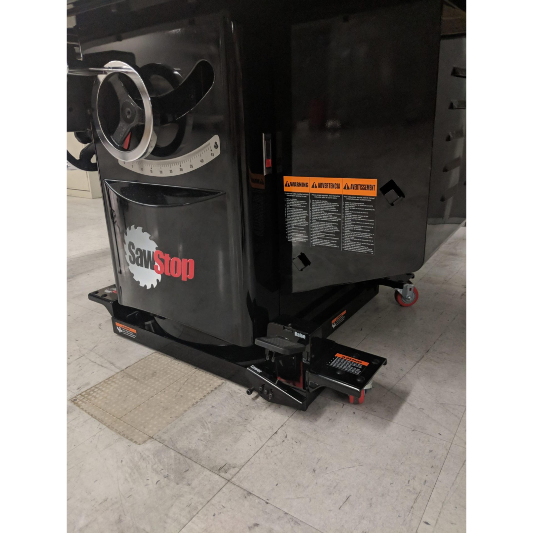 Close-up image of the SawStop Industrial Saw Mobile Base MB-IND-000 showing the integrated lifting assembly, durable steel frame, and precision mobility components designed for industrial woodworking environments.