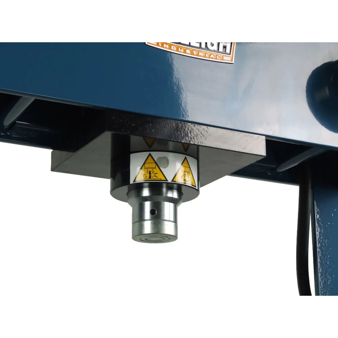 Close-up of Baileigh 30-Ton Pneumatic H-Frame Shop Press (HSP-30A) 1004816 hydraulic ram assembly engineered for precise force application and consistent pressing performance.