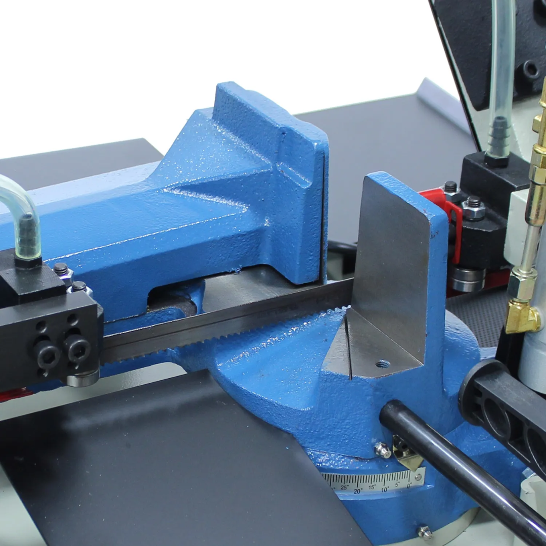 Close-up of Baileigh 8.26 x 6.69" Manual Horizontal Bandsaw: Geared Head (BS-210M) 1001309 adjustable workholding vise system designed for secure material clamping and precise cuts.