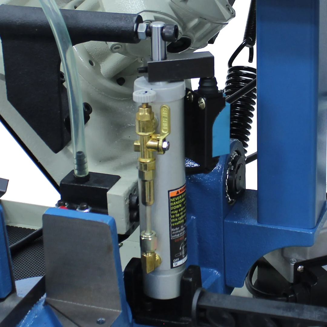 Close-up of Baileigh 8.26 x 6.69" Manual Horizontal Bandsaw: Geared Head (BS-210M) 1001309 blade guide assembly engineered for cutting accuracy, stability, and extended blade life.