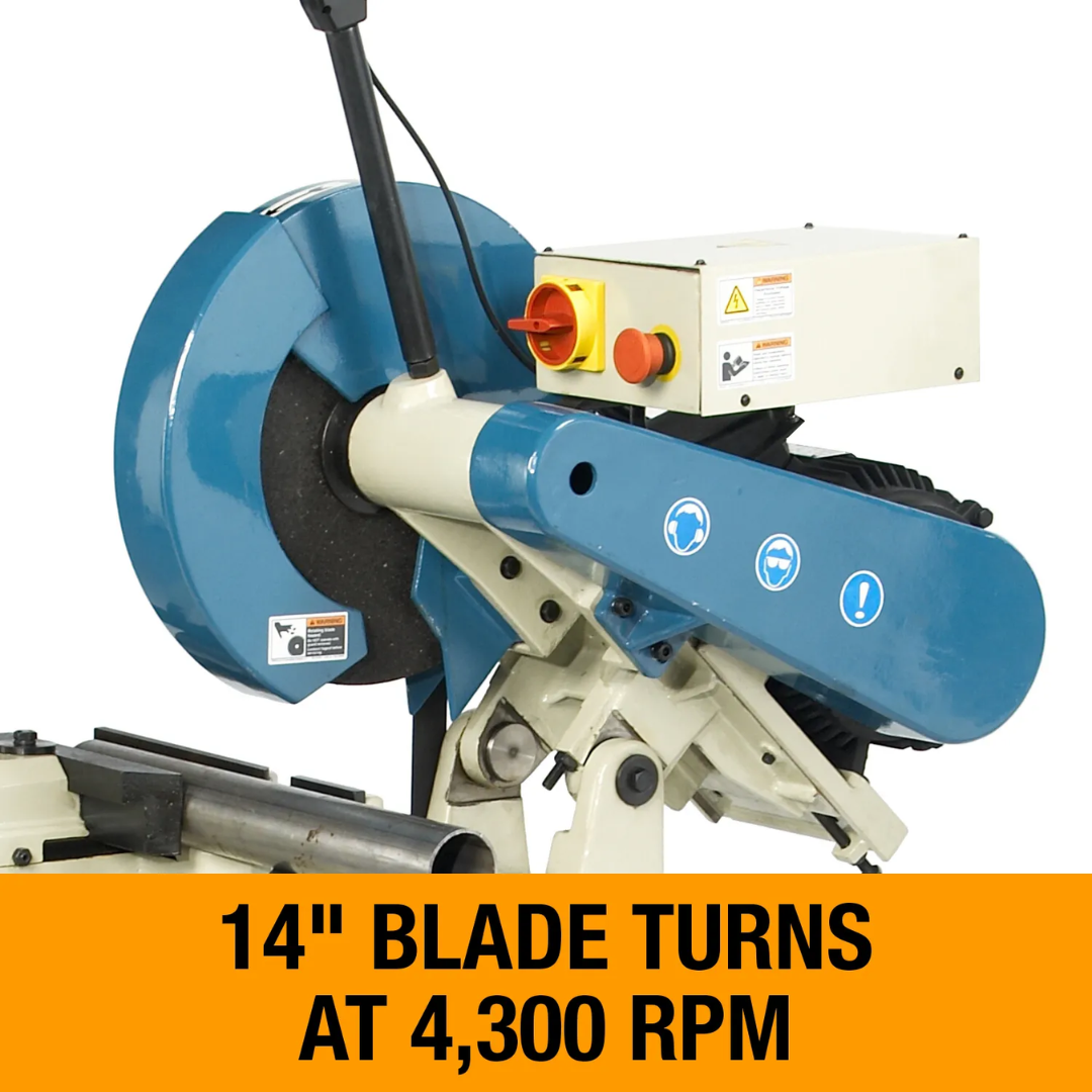 Close-up of Baileigh Abrasive Chop Saw AS-350M 1000267 featuring a 14-inch abrasive blade operating at 4,300 RPM for fast and accurate metal cutting performance.