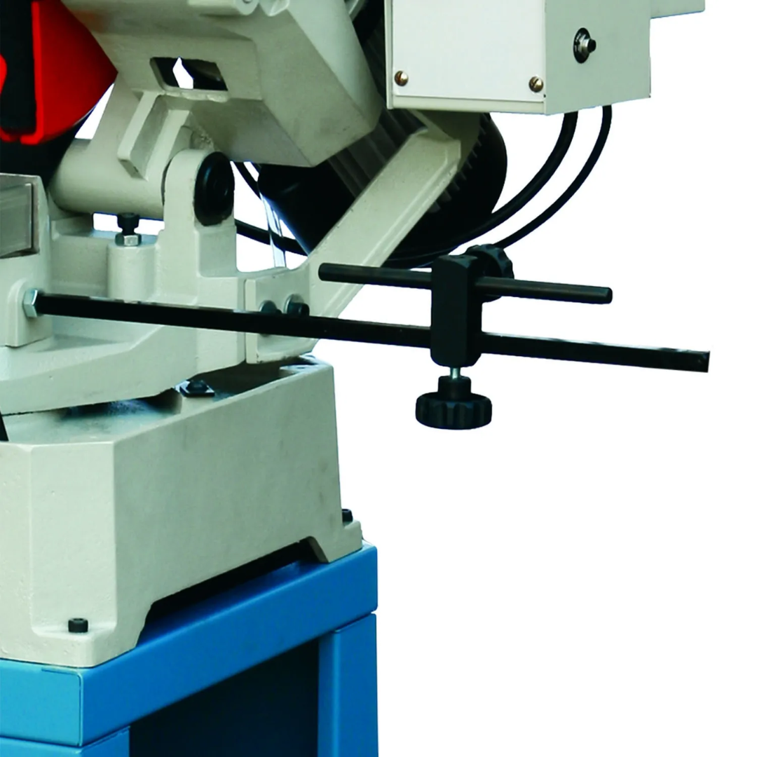 Close-up of Baileigh Manual Cold Saw CS-250EU 1002426 cutting head assembly showcasing precision-guided operation and durable industrial construction.