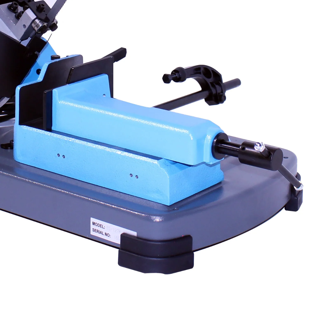 Close-up of Baileigh Portable Variable-Speed Metal-Cutting Bandsaw (BS-127P) 1018561 adjustable material vise designed for secure clamping and accurate metal cutting operations.