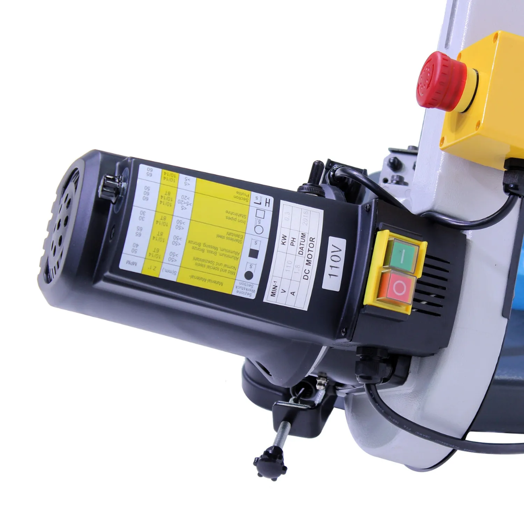 Close-up of Baileigh Portable Variable-Speed Metal-Cutting Bandsaw (BS-127P) 1018561 control panel with integrated display and machine adjustment controls for enhanced cutting accuracy.
