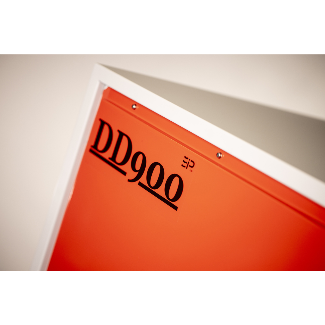 Close-up of Ebac DD900 Desiccant Dehumidifier housing panel showing rugged industrial construction and branded front casing