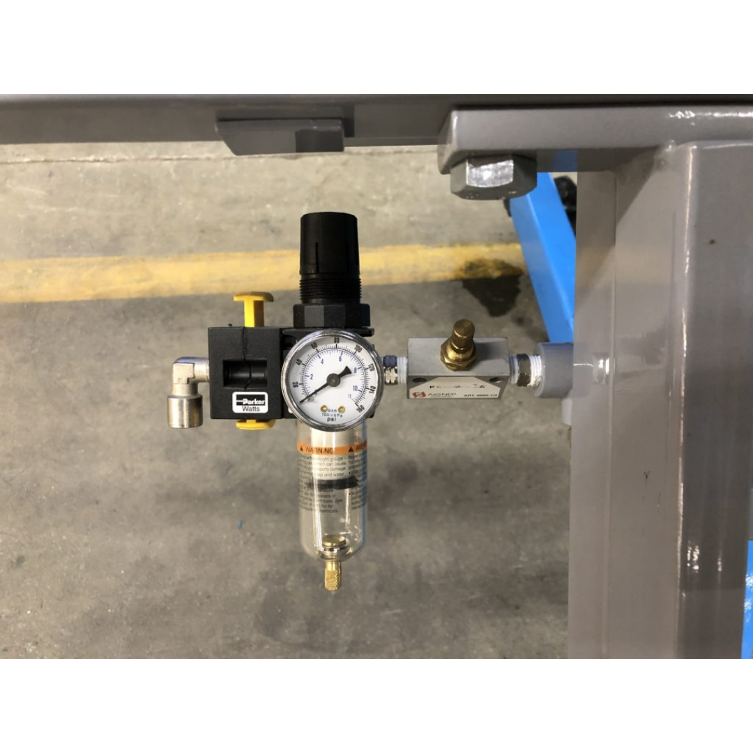 Close-up of JLT #180A-M2 Pneumatic Panel Flattener air regulator and pneumatic control system components