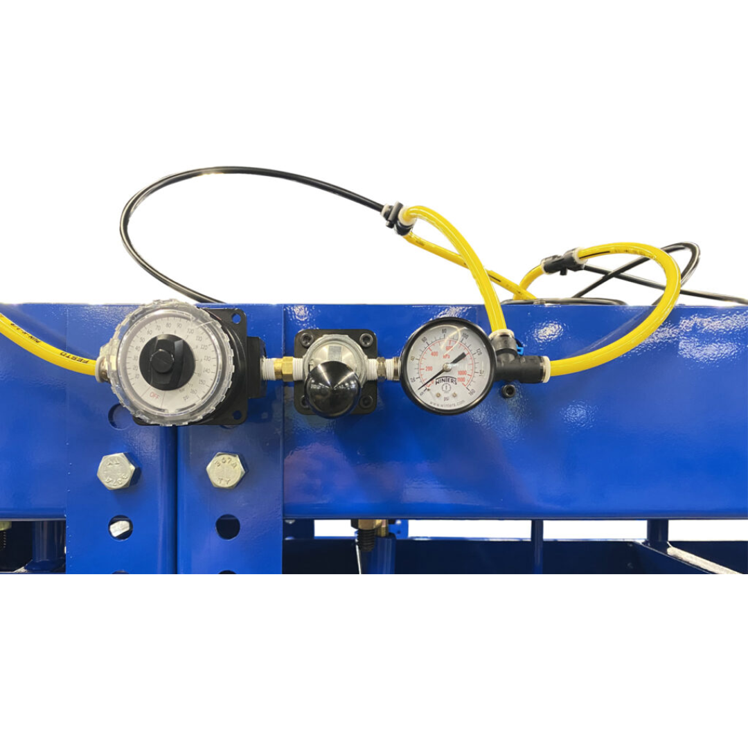Close-up of JLT #78H Mini Pod Press hydraulic controls and pressure gauges for precise clamp adjustment