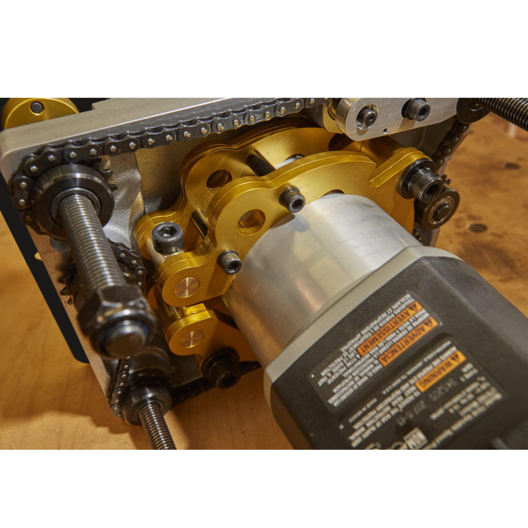 Close-up of SawStop Router Lift RT-LFT internal lift mechanism with precision gears and hardware for accurate, repeatable router bit height adjustments.