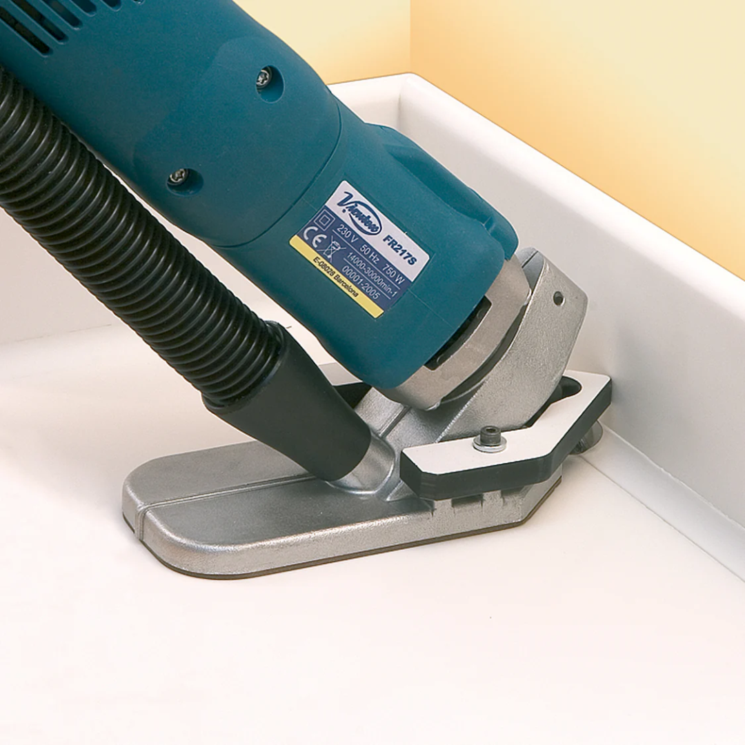 Close-up of Virutex FR217S Angle Trimmer For Solid Surfaces 1700299 in operation on solid surface material