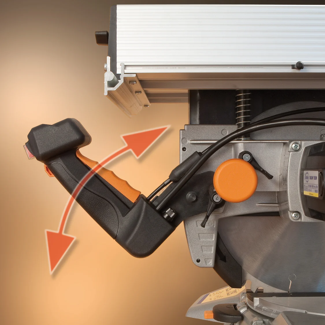 Close-up of Virutex TM33W Miter Table Saw Combo For Precision Cuts (120V) control handle and angle adjustment lever