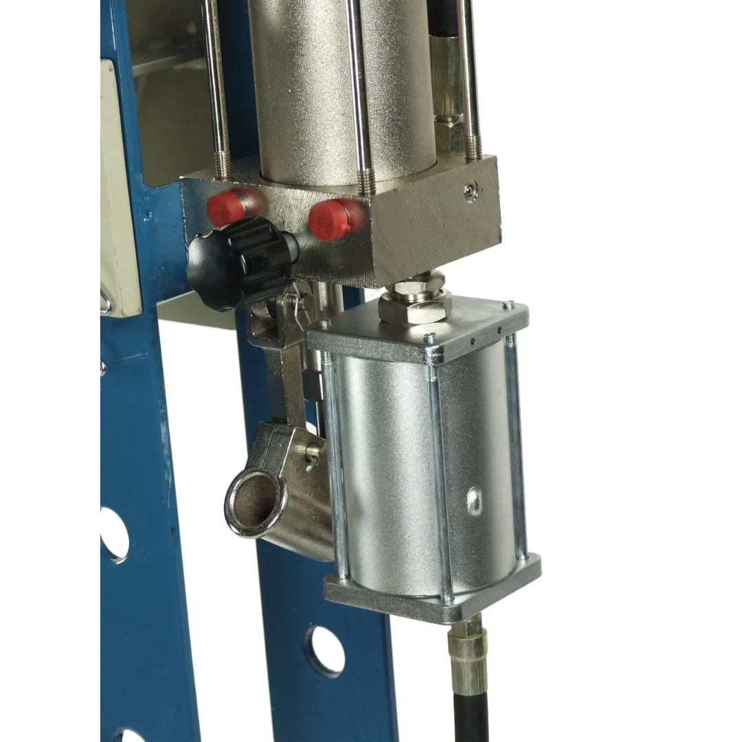 Close-up of hydraulic control mechanism on Baileigh Shop Press: H Frame, 7.5" Stroke 1004808 showing heavy-duty components engineered for long service life.