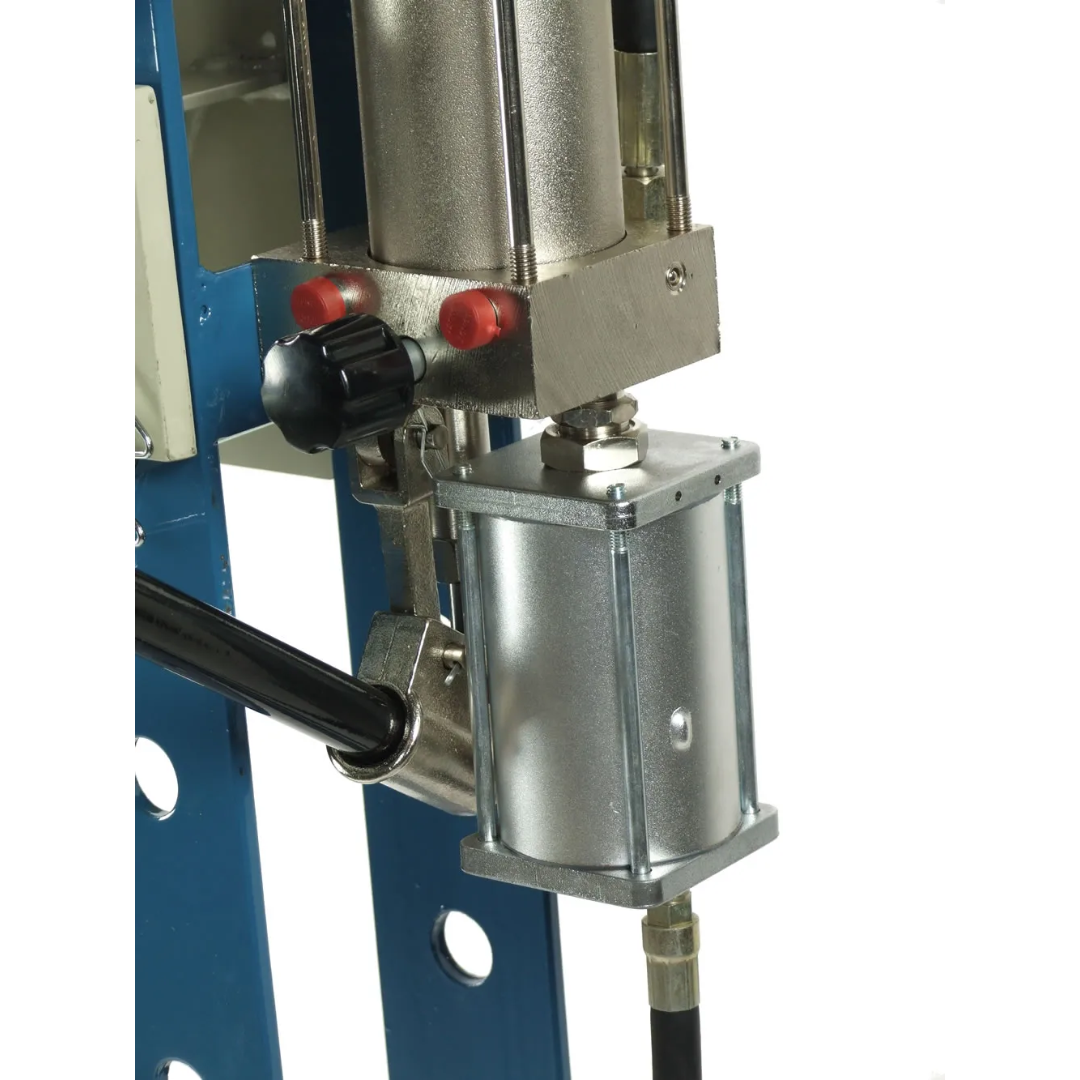 Close-up of hydraulic control mechanism on Baileigh Shop Press: H Frame, 7.5" Stroke 1004808 showing heavy-duty components engineered for long service life