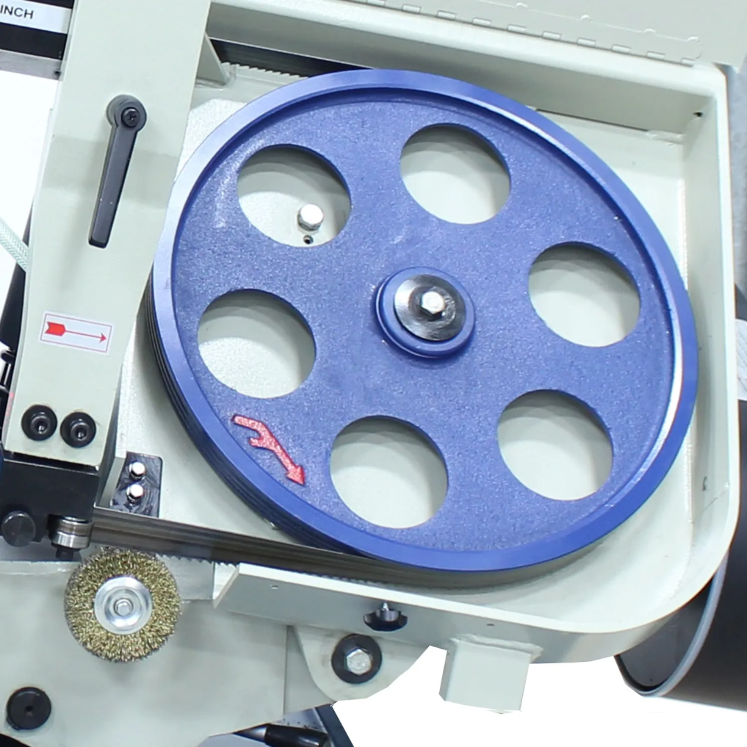 Close-up of the Baileigh 13-Inch Semi-Automatic Horizontal Bandsaw (BS-330SA) 1001521 showing the variable-speed drive wheel and blade system for accurate industrial metal cutting.