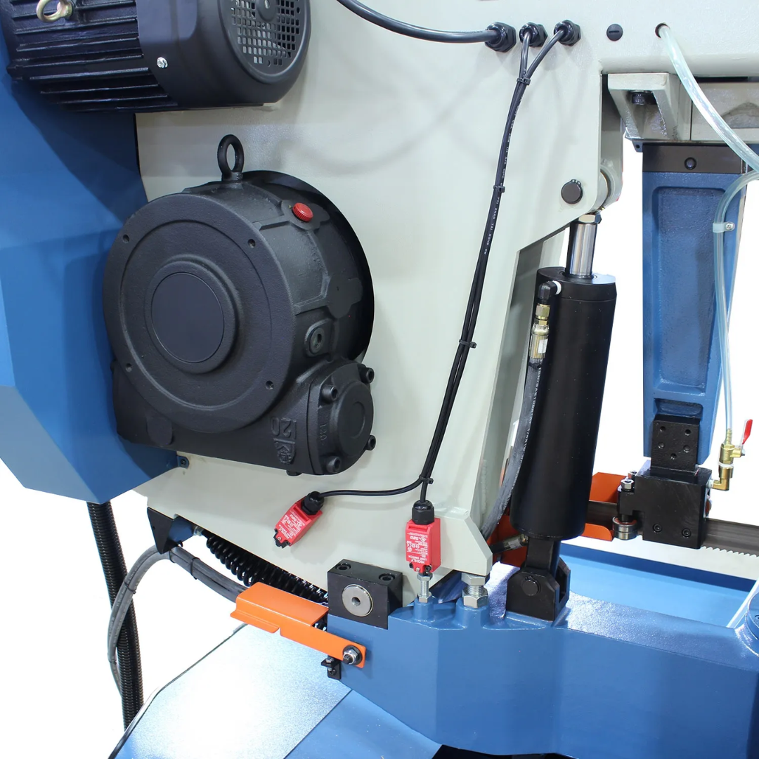 Close-up of the Baileigh 18-Inch Semi-Auto Dual-Miter Horizontal Bandsaw (BS-24SA-DM) 1001389 showing the industrial drive motor and internal mechanical components for reliable semi-automatic metal cutting performance.