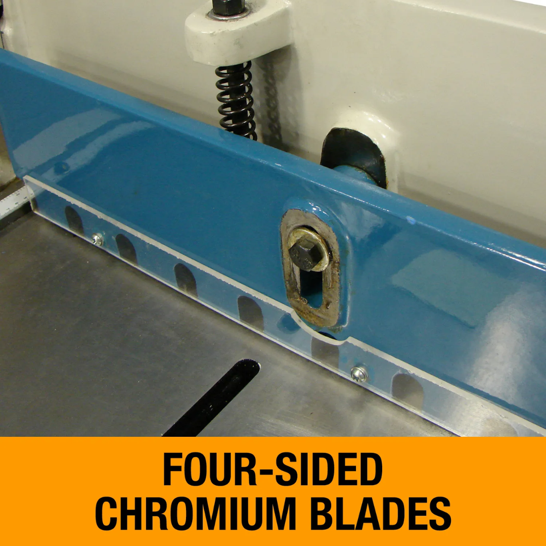 Close-up of the Baileigh 52-Inch Foot Stomp Shear, 16-Gauge Mild Steel (SF-5216E) 1007020 four-sided chromium blades designed for extended service life, clean cuts, and economical blade rotation.