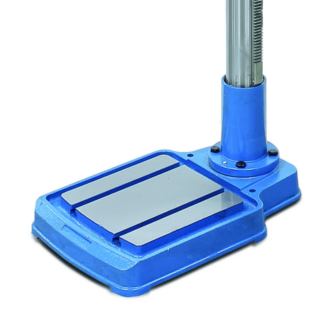 Close-up of the Baileigh Belt Driven Drill Press DP-1000E 1022128 heavy-duty cast iron base providing stability and vibration reduction for precision drilling.