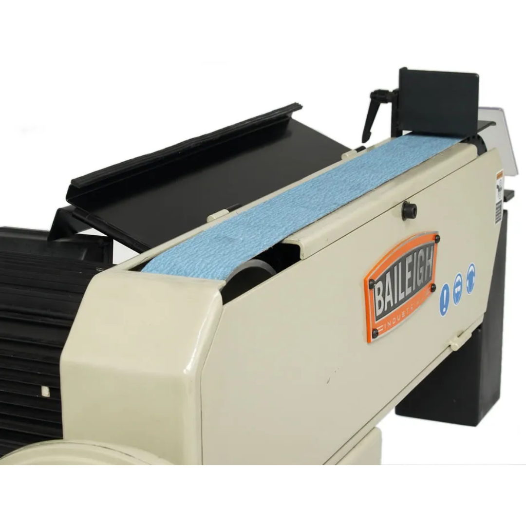 Close-up of the Baileigh Belt Grinder BG-379 1000680 belt platen and work surface designed for efficient deburring, edge finishing, and metal grinding operations.