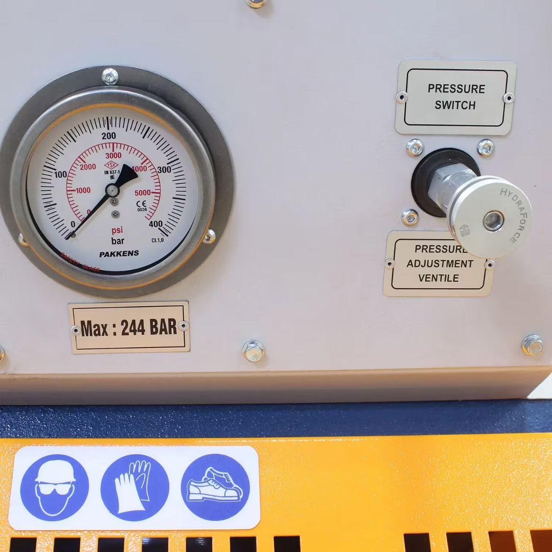 Close-up of the Baileigh C-Frame Press CFP-30HD 1015407 hydraulic pressure gauge and control system for accurate press force monitoring and adjustment.