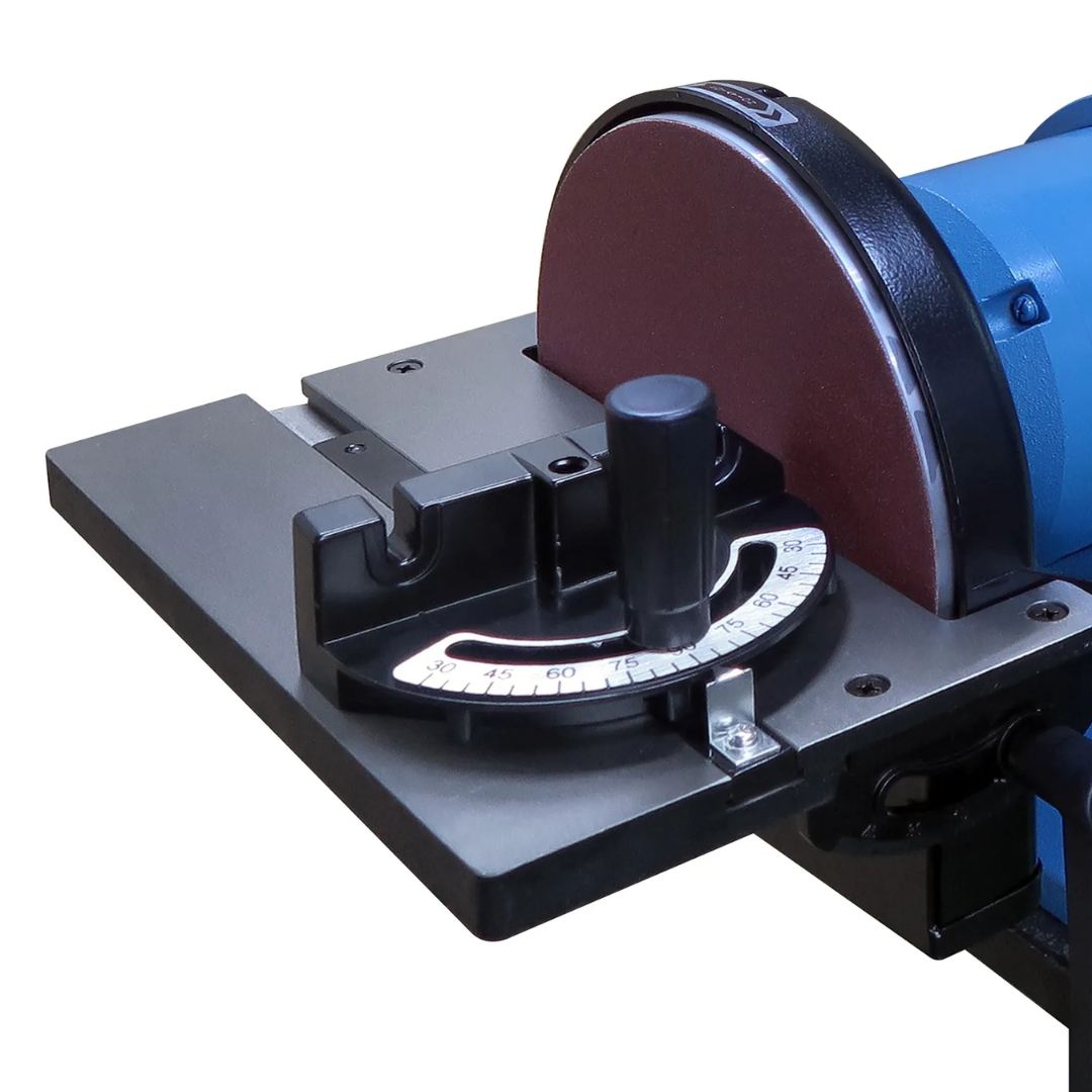 Close-up of the Baileigh Combination Belt and Disk Grinder - (DBG-9436) 1227901 abrasive disc grinder with adjustable work table for accurate deburring, beveling, and finishing.