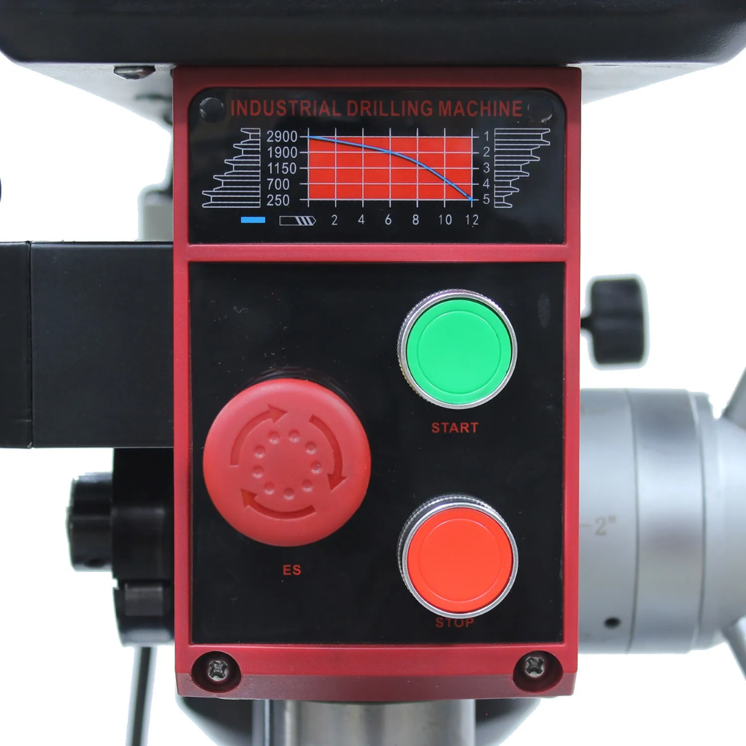 Close-up of the Baileigh Drill Press DP-0625E 1022127 control panel with emergency stop button and easy-to-use operating controls for industrial drilling.
