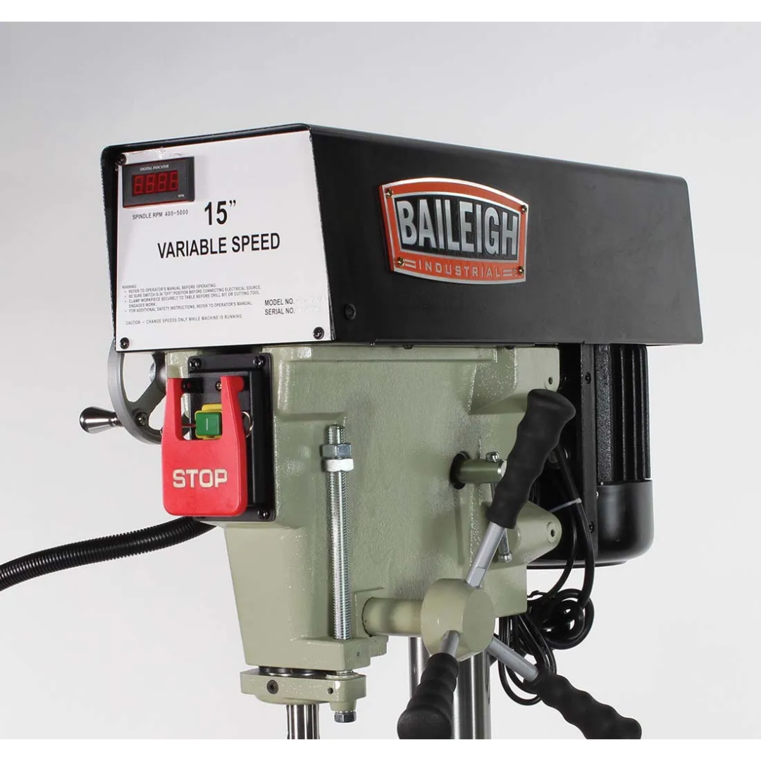 Close-up of the Baileigh Drill Press (DP-15VSF) 1002989 head assembly featuring variable-speed controls, motor housing, and spindle operation components.