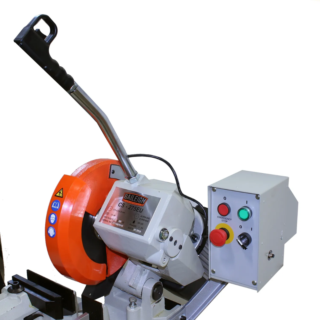Close-up of the Baileigh Manual Cold Saw CS-275EU 1002434 highlighting the saw head assembly, control panel, and manual operating handle for precise metal cutting.