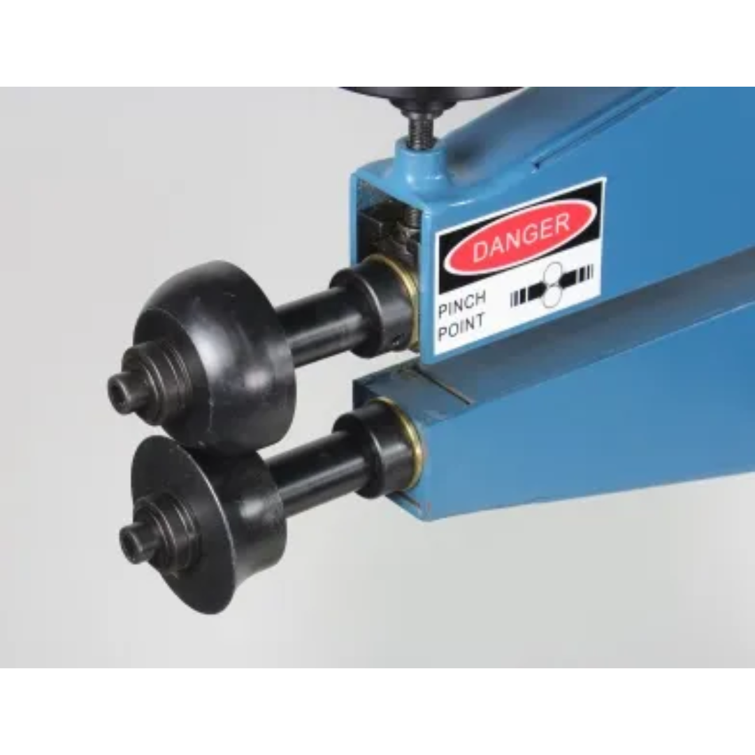 Close-up of the Baileigh Power Bead Roller BR-18E-24 1000923 powered roller drive assembly for smooth and consistent sheet metal forming.