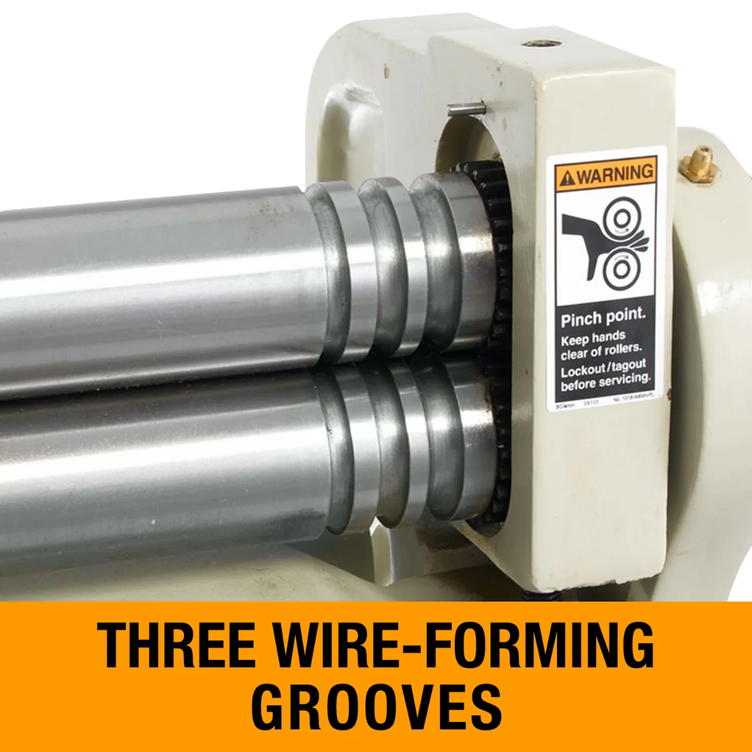 Close-up of the Baileigh Shear Brake and Roll SBR-5220 1007002 slip roll with integrated wire-forming grooves for producing reinforced sheet metal edges.