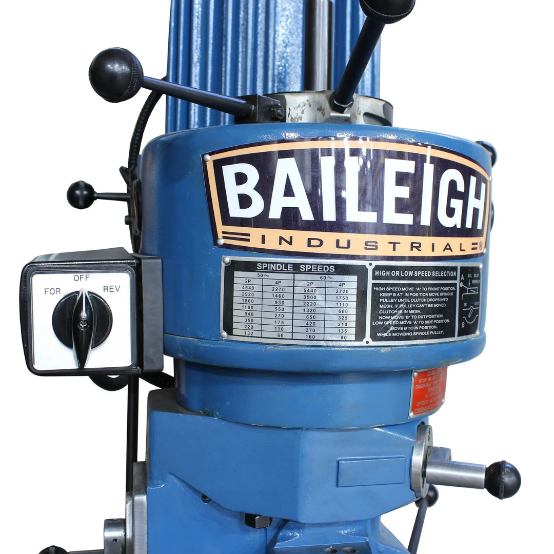 Close-up of the Baileigh Vertical Mill VM-836E-1 1020694 milling head and spindle assembly designed for precision milling, drilling, and boring applications.