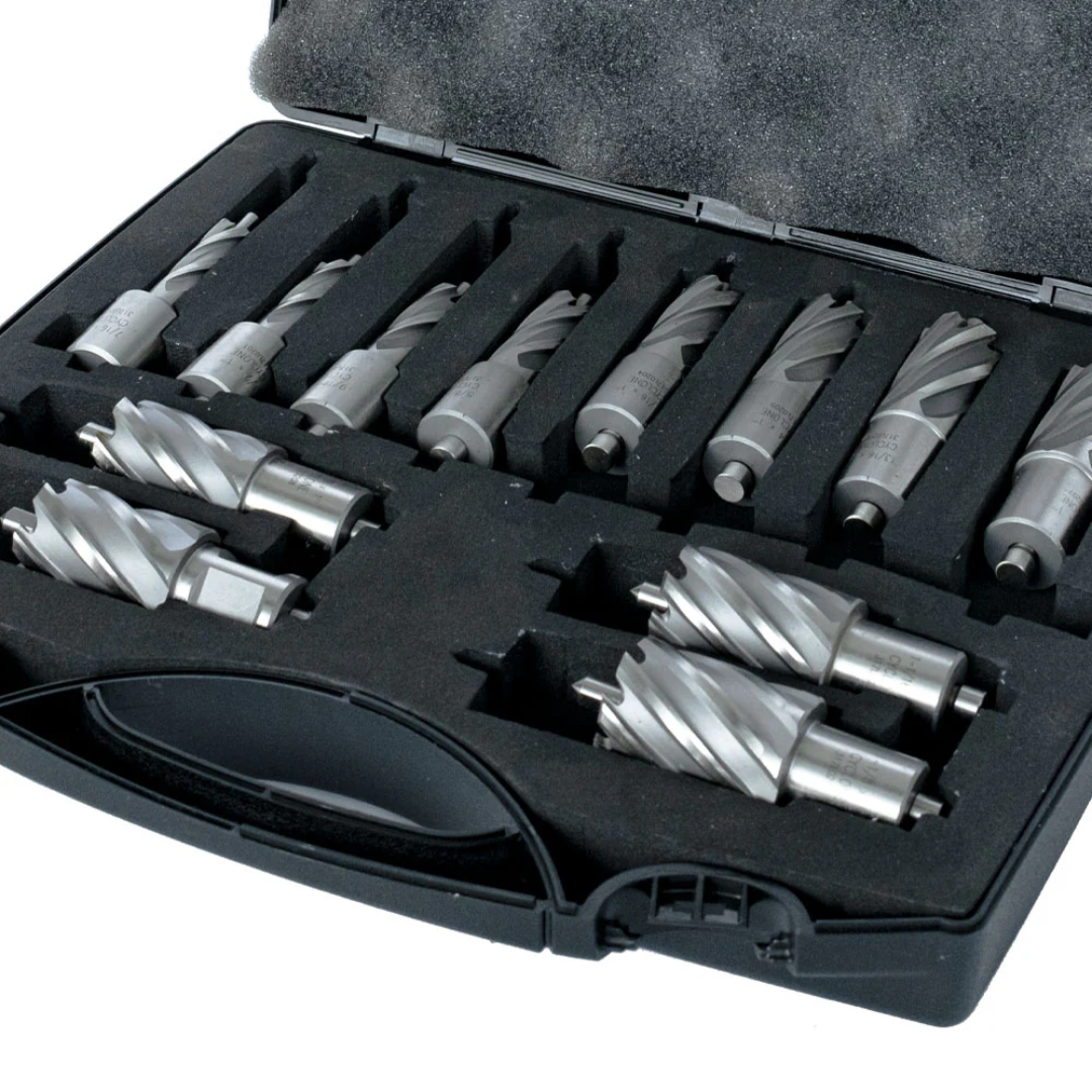 Close-up of the Evolution Power Tools 12pc 1 in. Depth Annular HSS Mag Drill Cutter Set CC12SET-1 showcasing premium HSS annular cutters neatly stored in a rugged carrying case for magnetic drill applications.