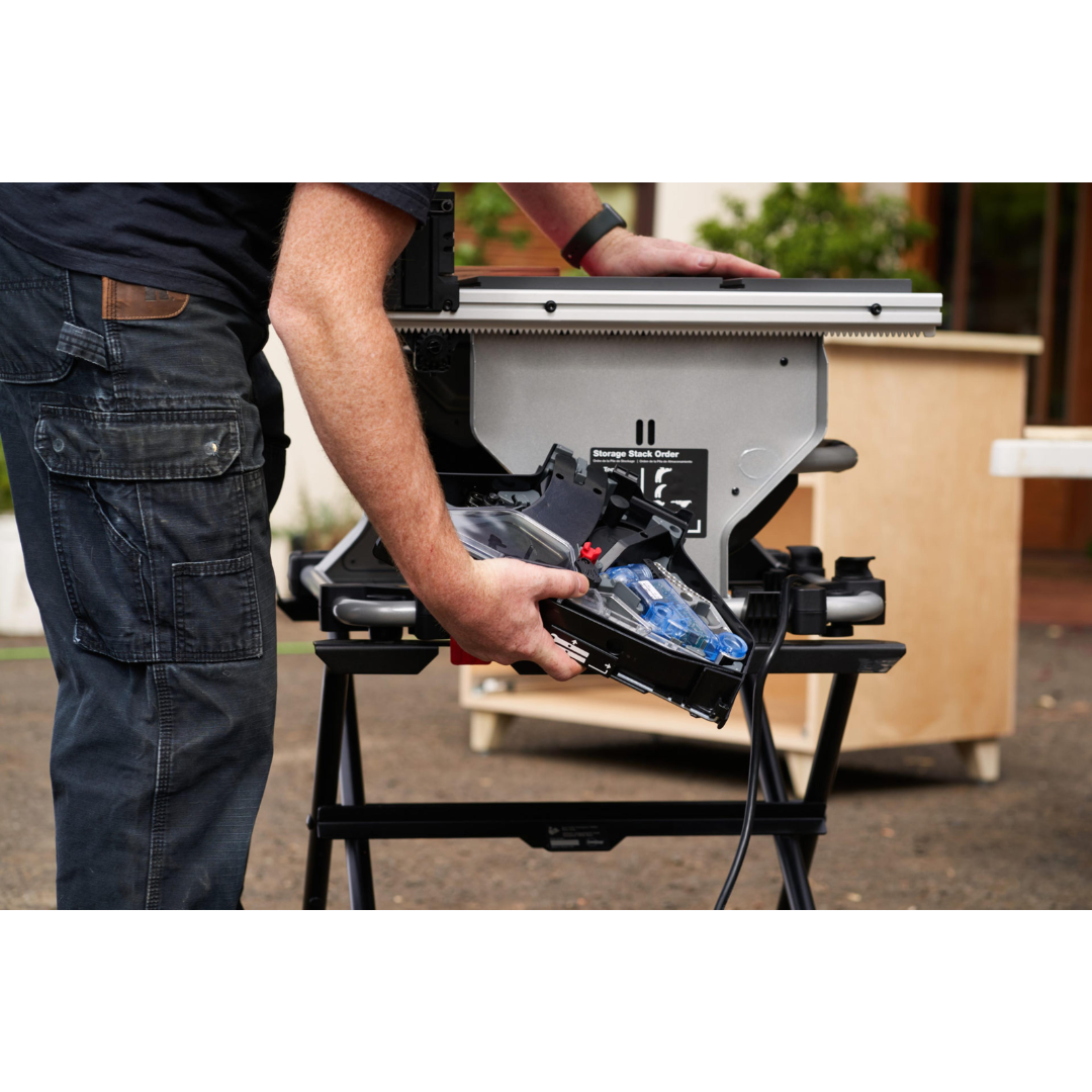 Close-up of the SawStop Compact Table Saw fence adjustment mechanism for accurate setup and repeatable cutting results.