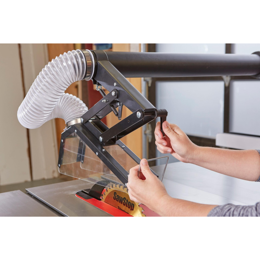 Close-up of the SawStop Floating Overarm Dust Collection TSG-FDC flexible collection hood designed for maximum visibility and effective dust removal.
