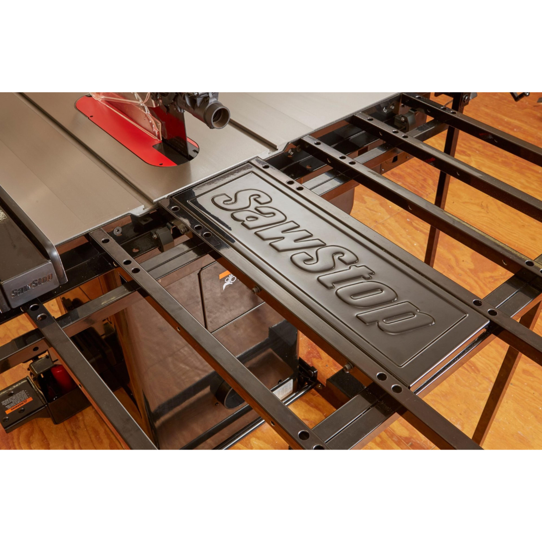 Close-up of the SawStop Folding Outfeed Table TSA-FOT support frame and mounting hardware, highlighting durable construction and reliable folding functionality.