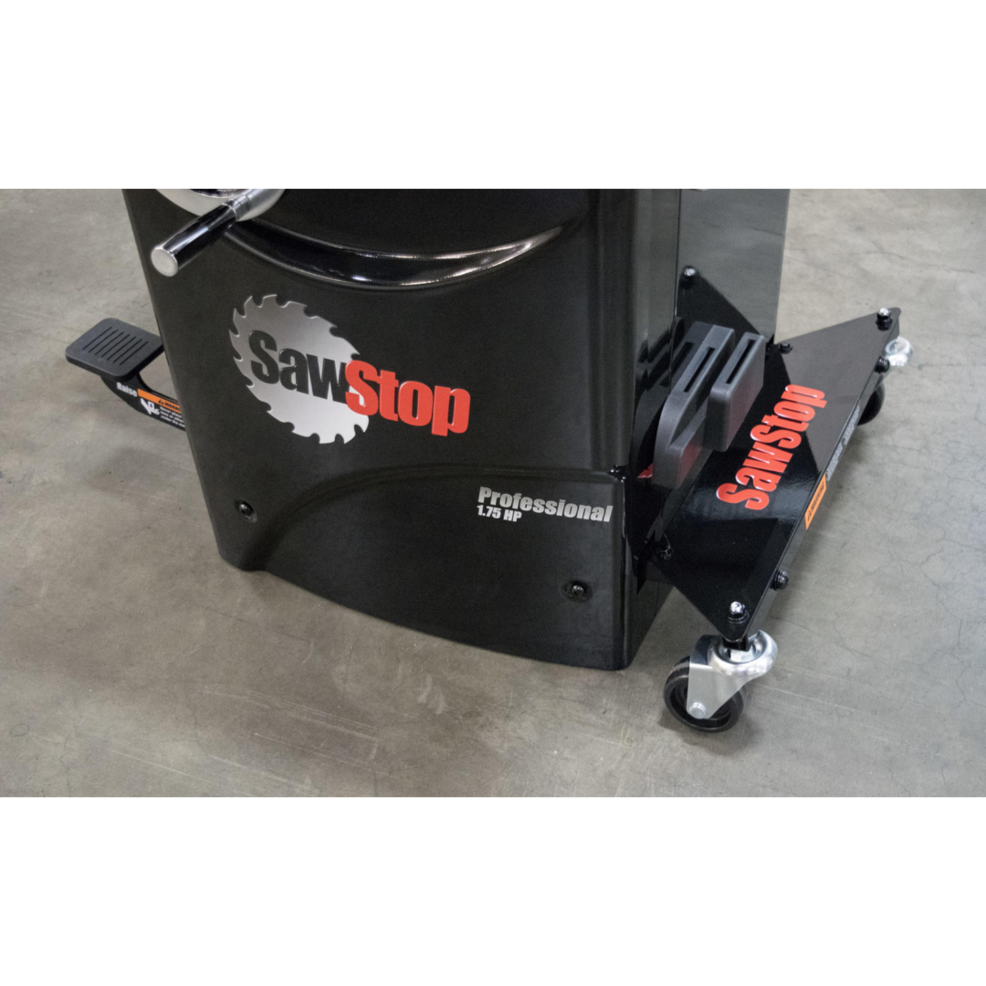 Close-up of the SawStop Professional Integrated Mobile Base MB-PCS-000 caster assembly highlighting heavy-duty construction and smooth-rolling wheels for effortless repositioning.