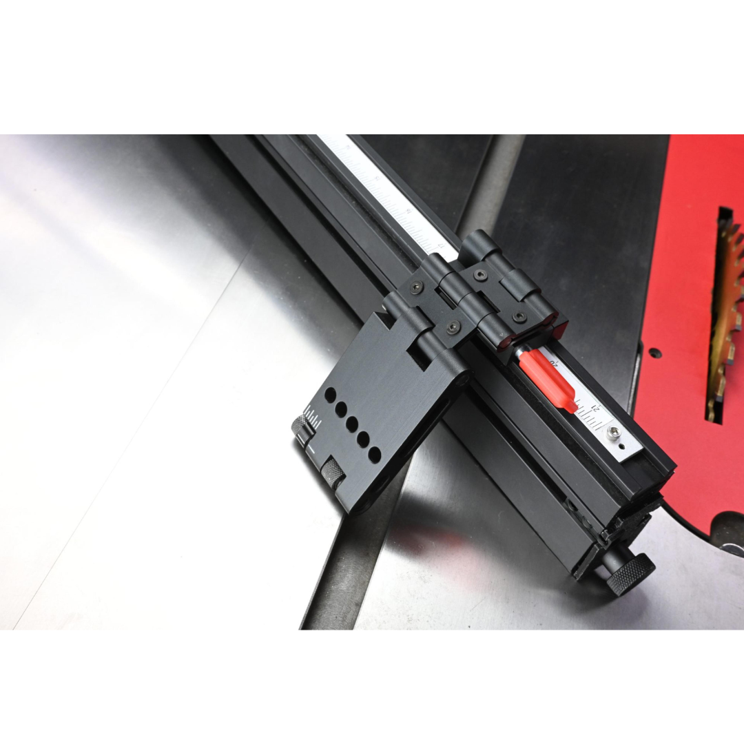 Close-up of the SawStop Revolution Miter Gauge Systainer TSA-RMG-SYS angle indexing mechanism showing precision-machined adjustment controls for accurate miter positioning.