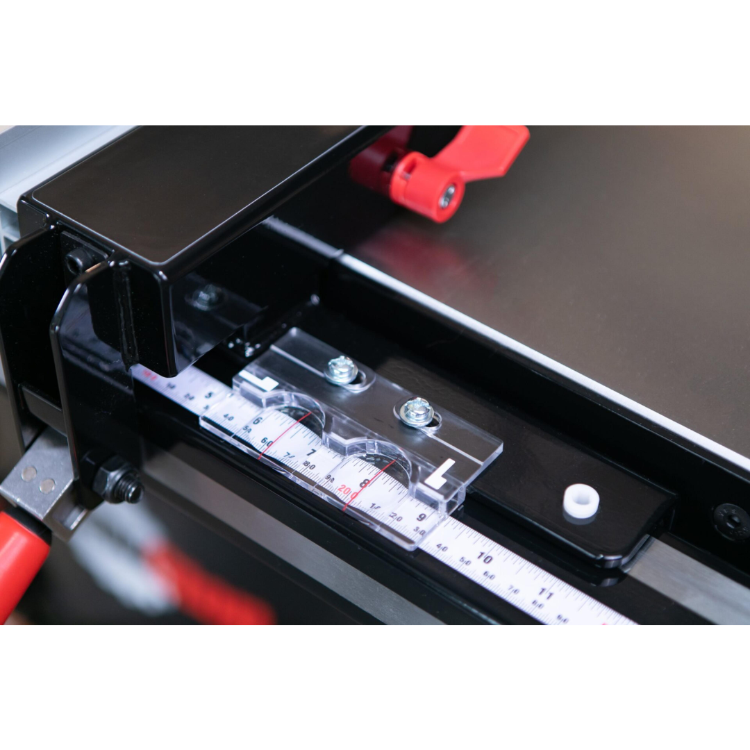 Close-up of the SawStop T-Glide Advance Fence rail and measurement indicator system designed for accurate fence calibration and repeatable cuts.