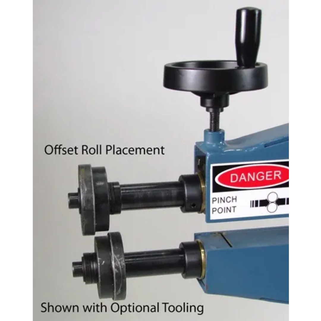 Close-up of the adjustable upper shaft on the Baileigh Bead Roller BR-18M-24 1000935 highlighting the precision pressure adjustment controls for accurate bead rolling and sheet metal profiling.