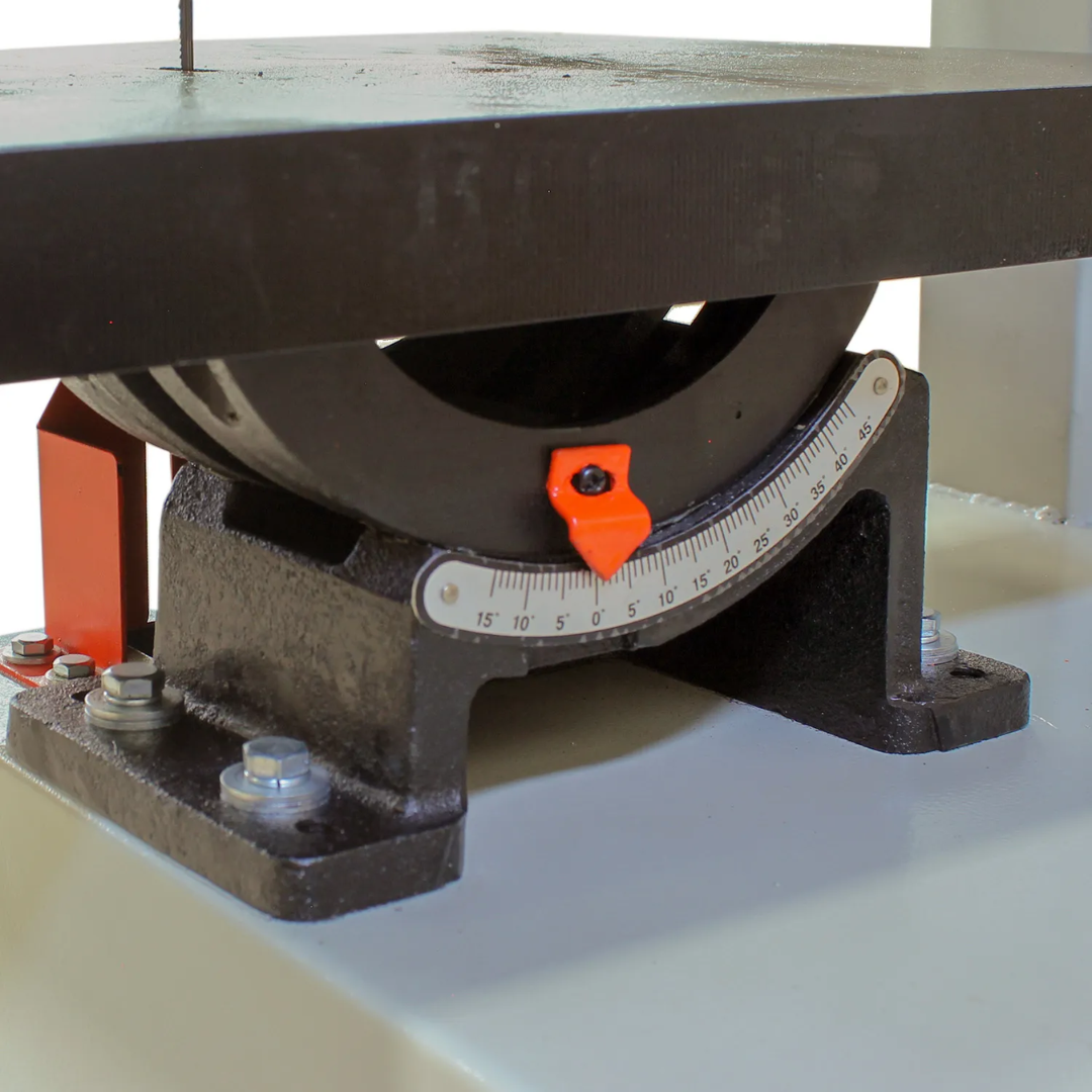 Close-up of the cast iron worktable on the Baileigh Vertical Bandsaw BSV-14VS-V2 1230388 featuring the precision-machined table surface and adjustable trunnion for accurate workpiece support.