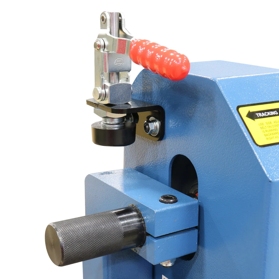 Close-up of the contact wheel and work area on the Baileigh Belt Grinder - BG-248-3 1000655, engineered for precision grinding, edge finishing, and material removal operations.