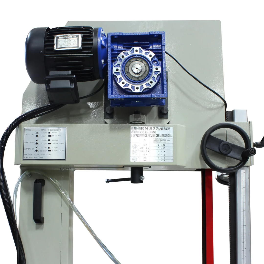 Close-up of the control assembly on the Baileigh 18-Inch Vertical Tilt Frame Bandsaw, 220V 3Ph (BSVT-18P) 1226643 highlighting the operator controls, gearbox, and precision adjustment components for accurate bandsaw operation.