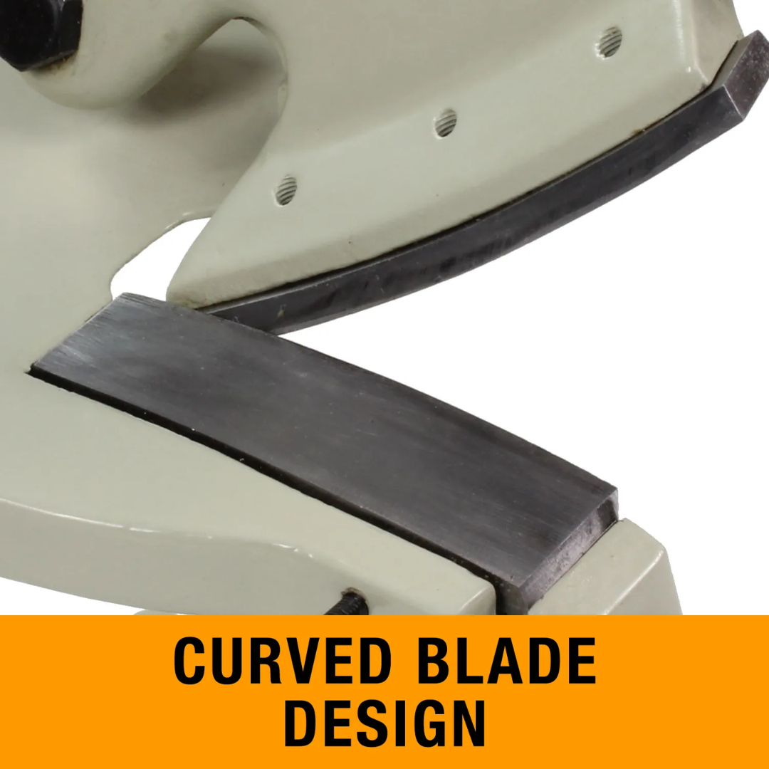 Close-up of the curved blade design on the Baileigh Throatless Shear - (MPS-1) 1005677 engineered for tight-radius cuts and complex sheet metal profiles.