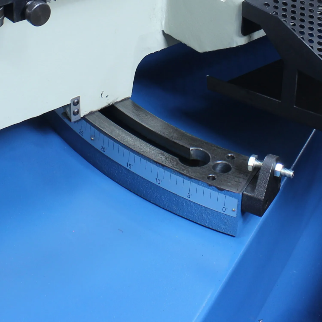Close-up of the cutting table and blade entry area on the Baileigh Metal Cutting Bandsaw - BS-330M 1001517 showing the heavy-duty work support and precision cutting zone.