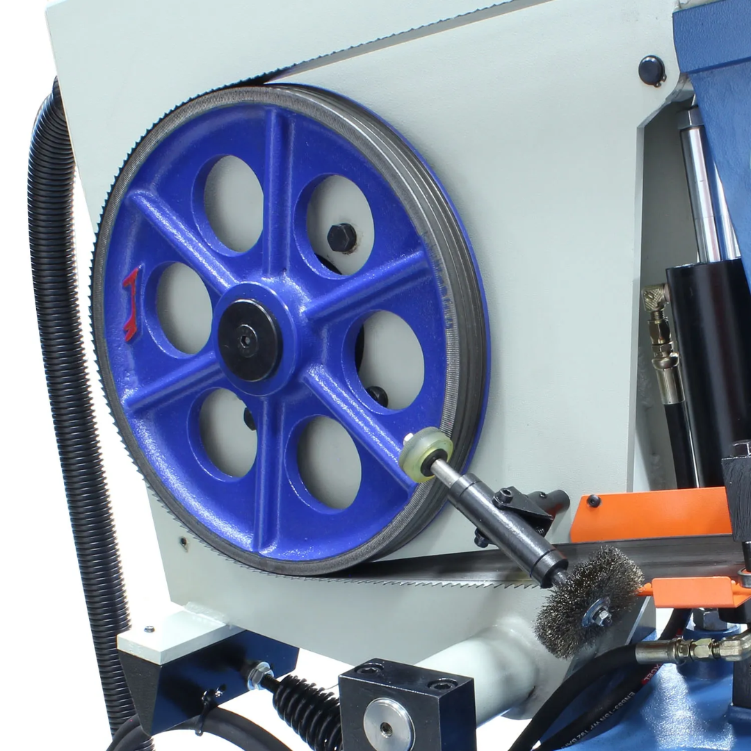 Close-up of the drive wheel assembly on the Baileigh 13-Inch Dual-Mitering Semi-Automatic Bandsaw (BS-20SA-DM) 1001298 highlighting the precision band wheel, blade tracking system, and heavy-duty industrial construction.
