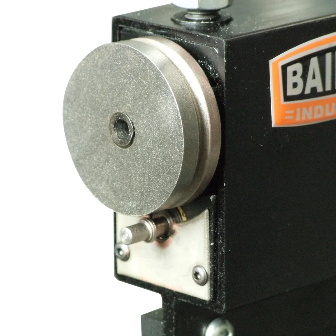 Close-up of the forming roller assembly on the Baileigh Bead Former BF-035 1000644 displaying the precision-machined bead forming dies designed for consistent metal shaping and profiling.